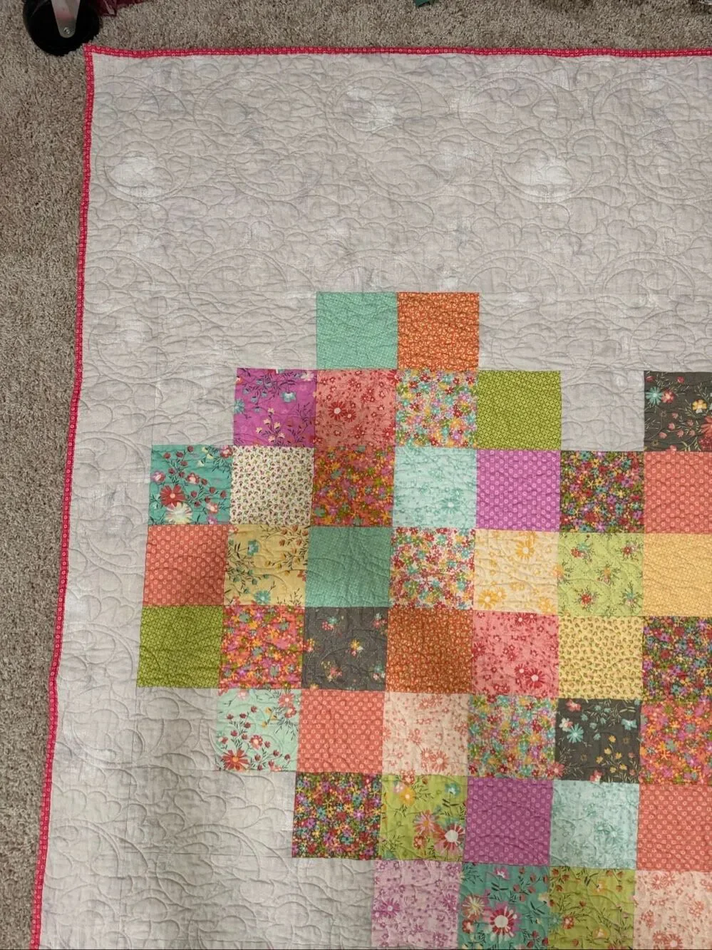 Handmade Heart Patchwork Quilt | Floral Cottagecore Throw | Pink & White Quilted